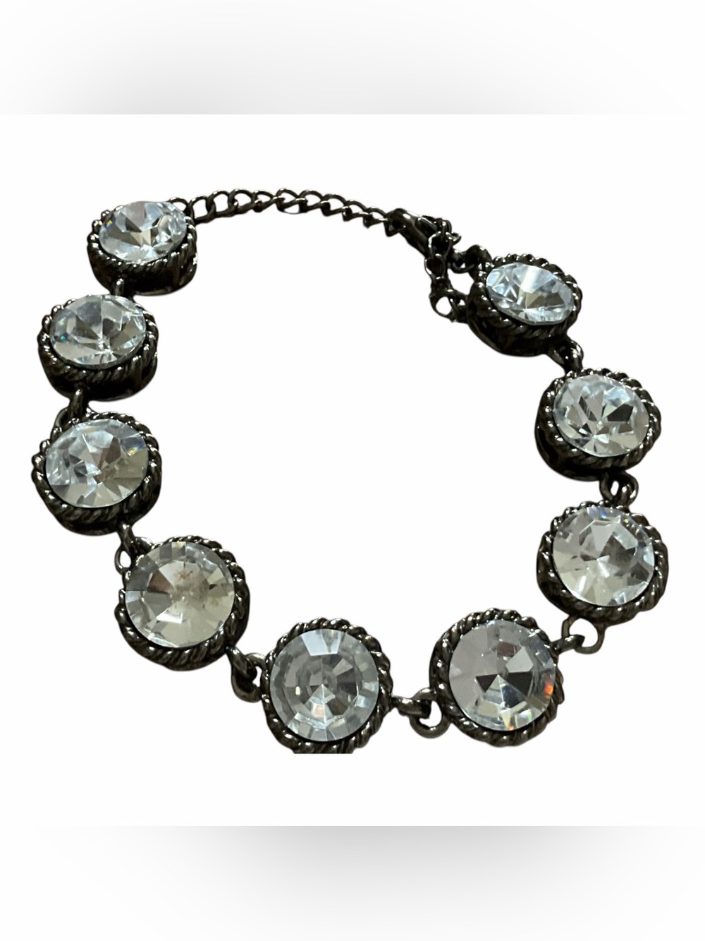 Black Gunmetal Faceted Rhinestone Link Bracelet Adjustable Statement Goth Glam